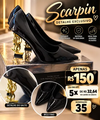 ? Scarpin Preto Verniz com Salto Dourado - Numeração 35
