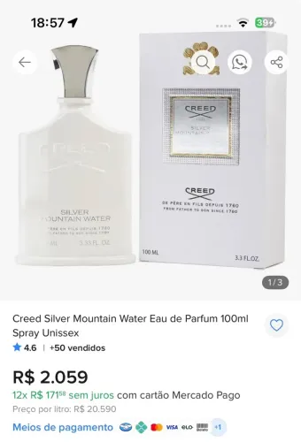 Creed Silver Mountain Water Eau de Parfum 100ml Spray Unissex