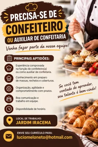 Vaga para confeiteiro ou auxiliar de confeitaria