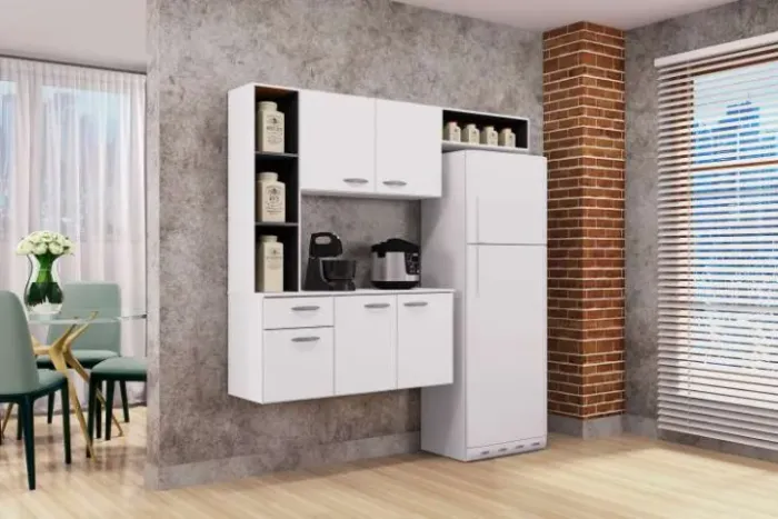 .Cozinha Suspensa com Balcao Isis 163 Branco Detalhe Preto Poquema