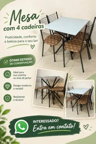 Mesa 4 cadeiras tampo de vidro 90x90