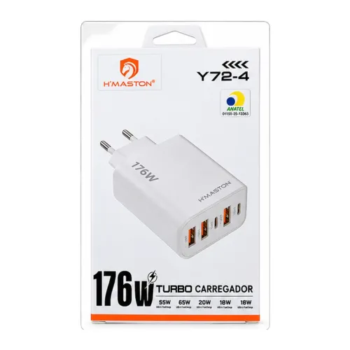 Carregador Turbo H'Maston Y72-4 176W 5 Portas 3 USB-A 2 USB-C PD Bivolt Branco