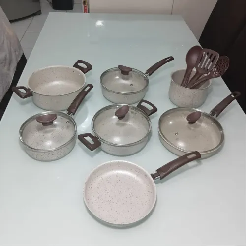 Jogo de panelas Antiaderente 10 Peças Imperial com Tampas de Vidro - Coffe Cappuccino