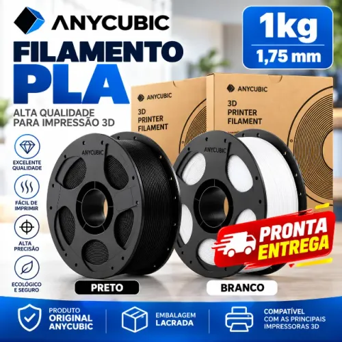 Filamento PLA Anycubic 1kg 1,75mm Preto ou Branco para Impressora 3D