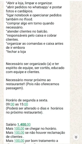 Vaga para atendente de restaurante.