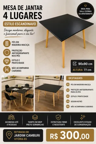 Mesa de Jantar Quadrada 90x90 cm - Estilo Escandinavo