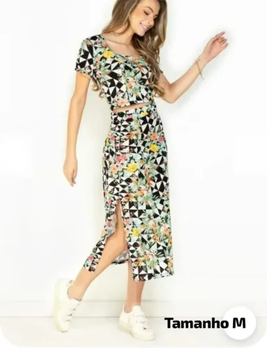 Conjunto Feminino Moda Pop Floral - Saia com Fenda + Cropped - Tam. M
