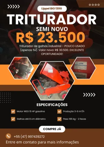 Triturador Galhos Lippel BIO 130G 15HP Gasolina Semi Novo - Usado 5x
