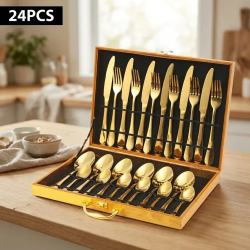 Faqueiro Inox Dourado 24 Peças com Maleta Luxo - Jogo de Talheres