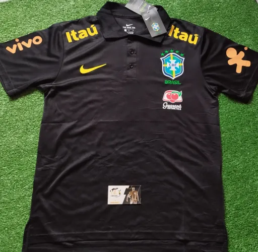 Camisa Brasil Treinamento Preta Pólo Todos Patrocínios