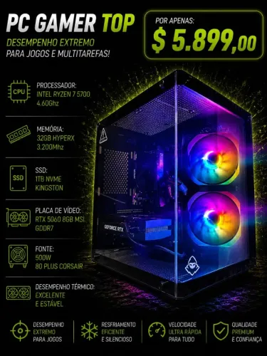 CPU Gamer Ryzen 7 5700 4.6Ghz / Mem 32Gb / SSD 1Tb Nvme / RTX 5060 8Gb (aceito cartão)