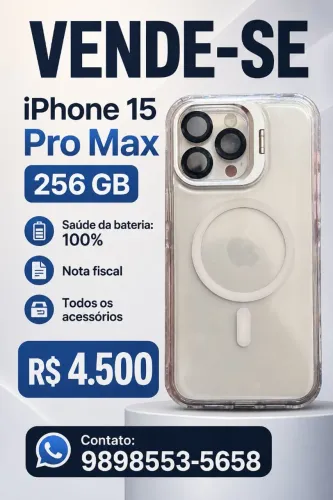 IPhone 15 pro Max, 256 gigas, saúde 100% um.Mês de uso 
