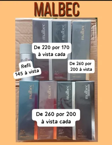 Malbec a partir de 170. Refil 145. Valores no anúncio.