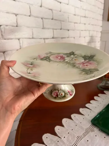 Boleira Prato com Pé Porcelana Schmidt Pintada à Mão Flores 27cm