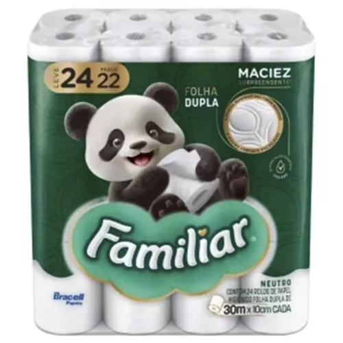 Kit com 4 Papel Higiênico Familiar Bracell Panda Folha Dupla 30M 24 (96) Rolos