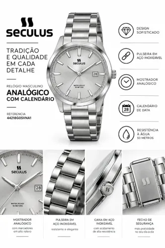 Relógio Masculino Seculus Prata em Aço com Calendário
