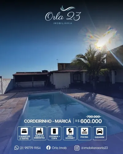 CORDEIRINHO, ORLA 23 IMOBILIÁRIA VENDE! CASA DUPLEX DE FRENTE PARA O MAR EM MARICÁ.