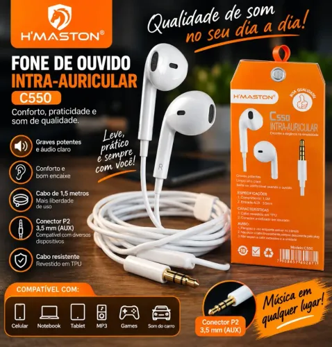 Fone de Ouvido H?Maston C550 P2 3,5mm com Fio - Novo