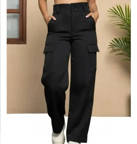 Calça Cargo Wide Leg Feminina Alfaiataria Cintura Alta Botão