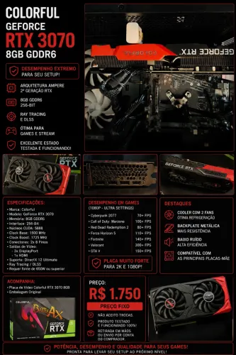 Placa de Vídeo Colorful RTX 3070 8GB GDDR6 - Excelente Estado - R$ 1.750