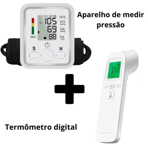 Kit saúde: 1 Termômetro digital branco ou preto + 1 monitor de pressão de braço