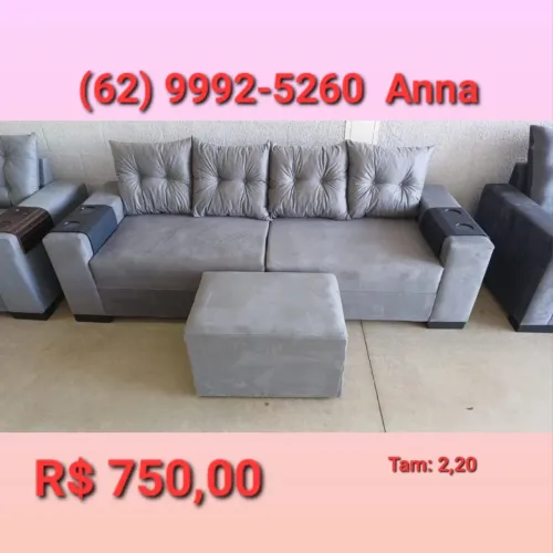 Sofá Cinza com Puff 4 Lugares - Anna *