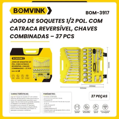 Catraca Reversível e Chaves Combinadas Jogo de Soquetes 1/2 Pol. 