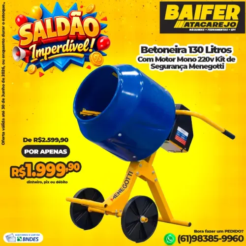 Betoneira 130 Litros Com Motor Mono 220v Kit de Segurança Menegotti