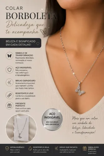 Colar Borboleta Aço Inoxidável Hipoalergênico - Não Escurece Resistente à Água