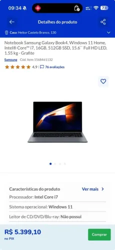 Notebook Samsung Galaxy Book4, Windows 11 Home, Intel Core i7, 16GB, 512GB SSD, 15.6''