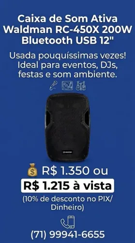 Caixa Ativa Waldman RC-450X 200W RMS 12" Bluetooth/USB - Pronta pra Usar!