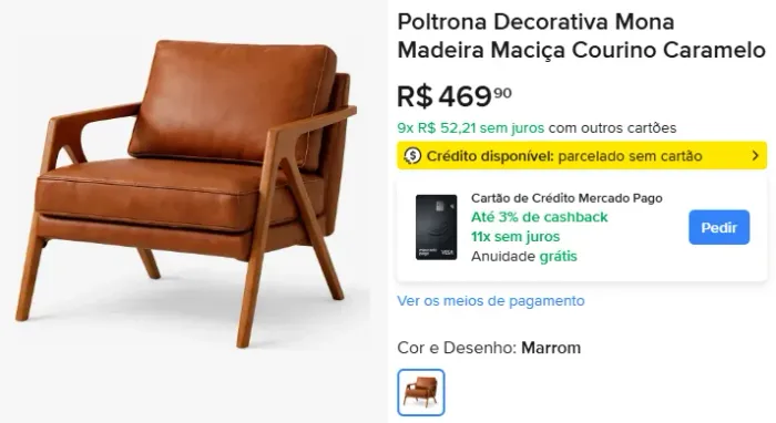 Poltrona Decorativa Mona Madeira Maciça Courino Caramelo