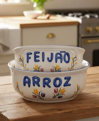 Kit Tigelas Arroz e Feijão Cerâmica Decorada Cozinha Vintage