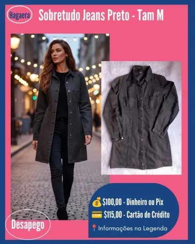 Desapego: Sobretudo Jeans Preto - Tam M