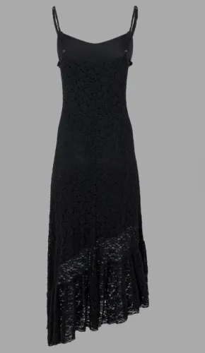 Vestido Midi Em Renda Com Alcas Finas E Babados Preto