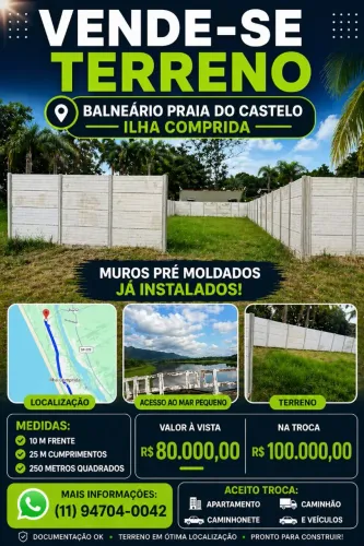 VENDO OU TROCO TERRENO EM ILHA CUMPRIDA