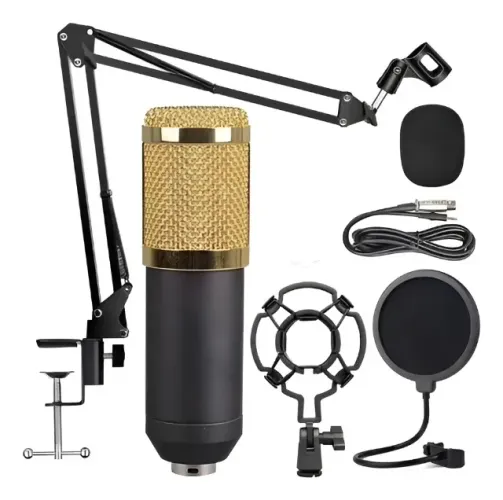 Kit Profissional Microfone Condensador Bm800 Preto Dourado
