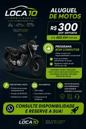 Locação de motos semanal - R$ 280,00