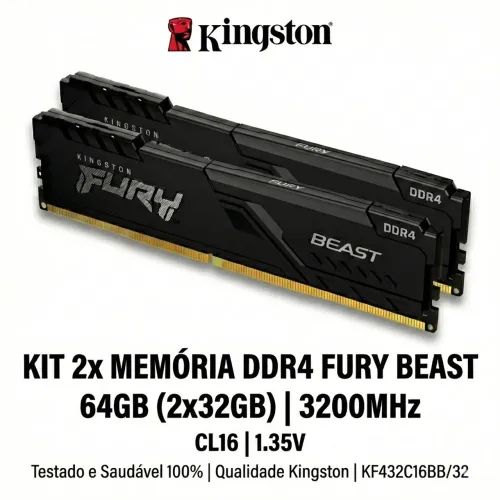 KIT 64GB (2x32GB) Memória RAM DDR4 3200MHz Kingston Fury Beast CL16 (2x KF432C16BB/32)