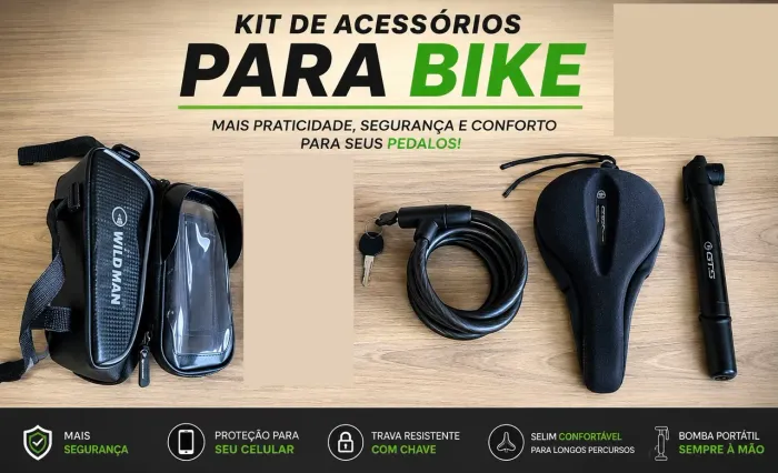 Kit Bike (porta celular, cadeado, bomba de ar e selim/capa assento)