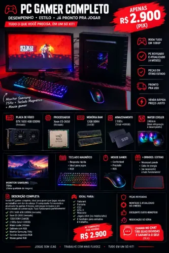 ? PC Gamer Completo GTX 1650 + Monitor Samsung 75Hz + Teclado Magnético - R$ 2.900