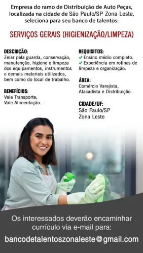 Auxiliar de limpeza/ Serviços gerais / faxineira - Itaquera Zona leste 