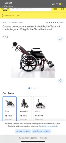 Cadeira de rodas manual reclinável Prolife Tetra, 44 cm de largura 120 kg