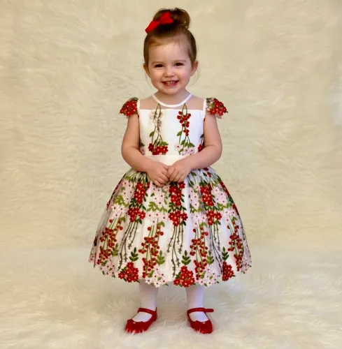 Vestido Infantil de Festa - Tulle e Cetim Bordado + Sapatinho Nº 20 