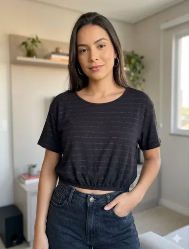 blusa cropped preta paetês pp