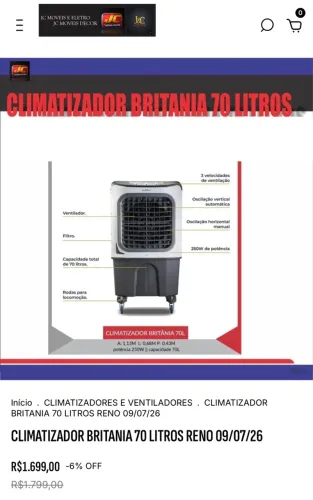 CLIMATIZADOR BRITÂNIA 70 LITROS