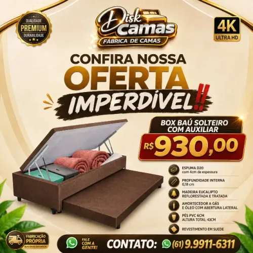 Box Baú Solteiro com Auxiliar - Organização, Conforto e Qualidade Direto da Fábrica!