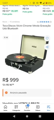 Vitrola toca disco retrô vicini