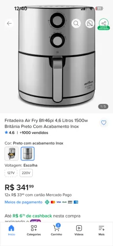 Fritadeira Air Fry Bfr46pi 1500w Preta E Inox Britânia 110v Preto Com Acabamento Inox