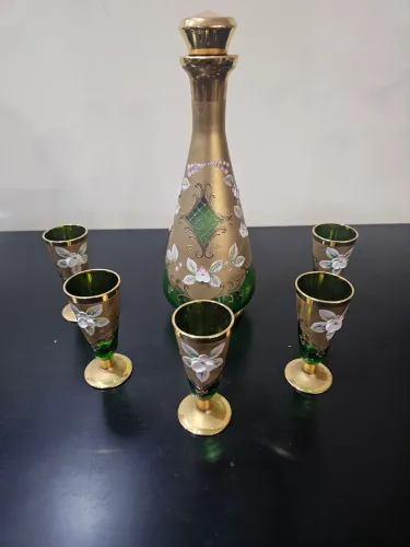 Antigo Conjunto Licoreira Cristal Veneziano Verde e Ouro + Cálices - Impecável!